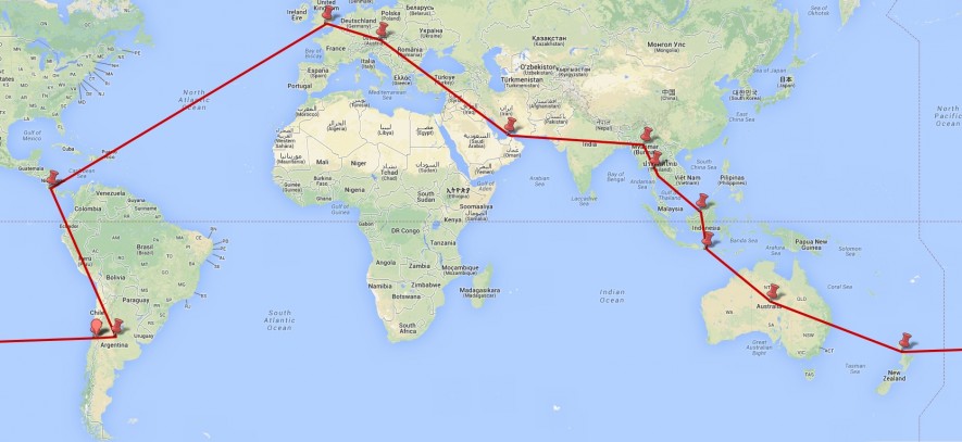 Landkarte der Route meiner Weltreise RTW Ticket